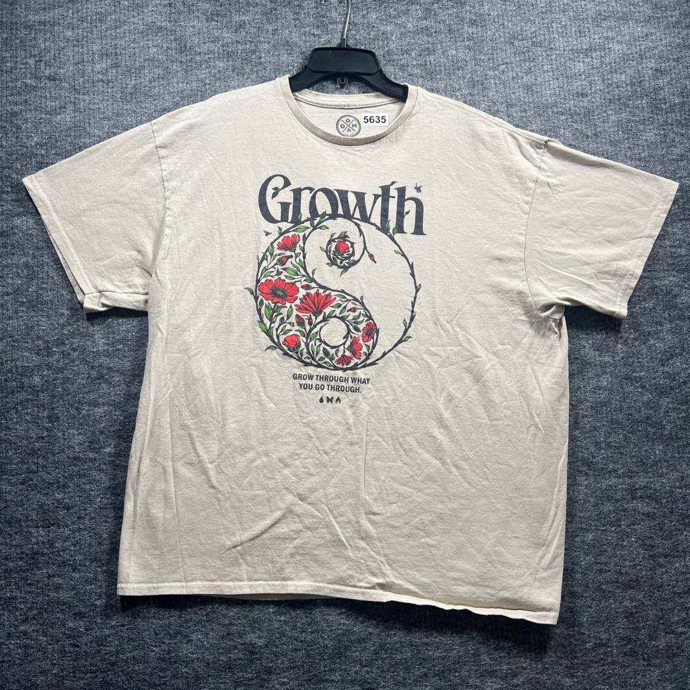 DOM Growth Yin Yang Graphic T-Shirt Mens 2XL Beige Tan Floral Quote Tee